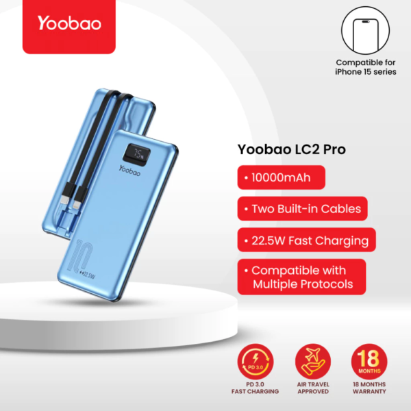 Yoobao Fast Charging Powerbank Built in Cables Lightning & Type C - LC2PRO (10000mAh)